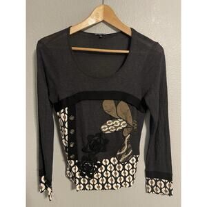 Bleu Blanc Rouge Womens Top Size FR 40 US L Gray Floral Applique Art to Wear Y2K